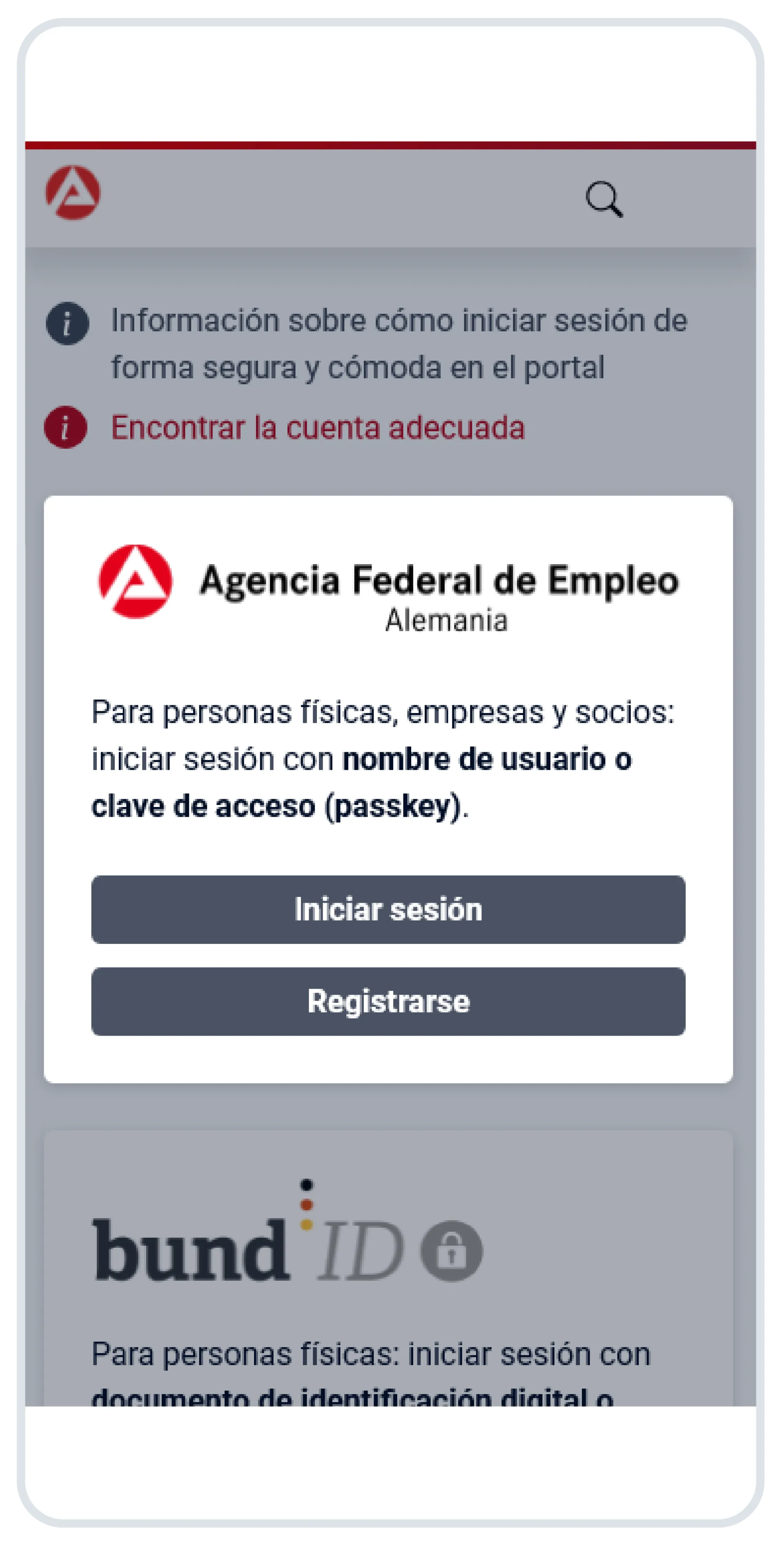 Captura de pantalla: la página de inicio de sesión. Se ha resaltado la zona con el logotipo de la Agencia Federal de Empleo.