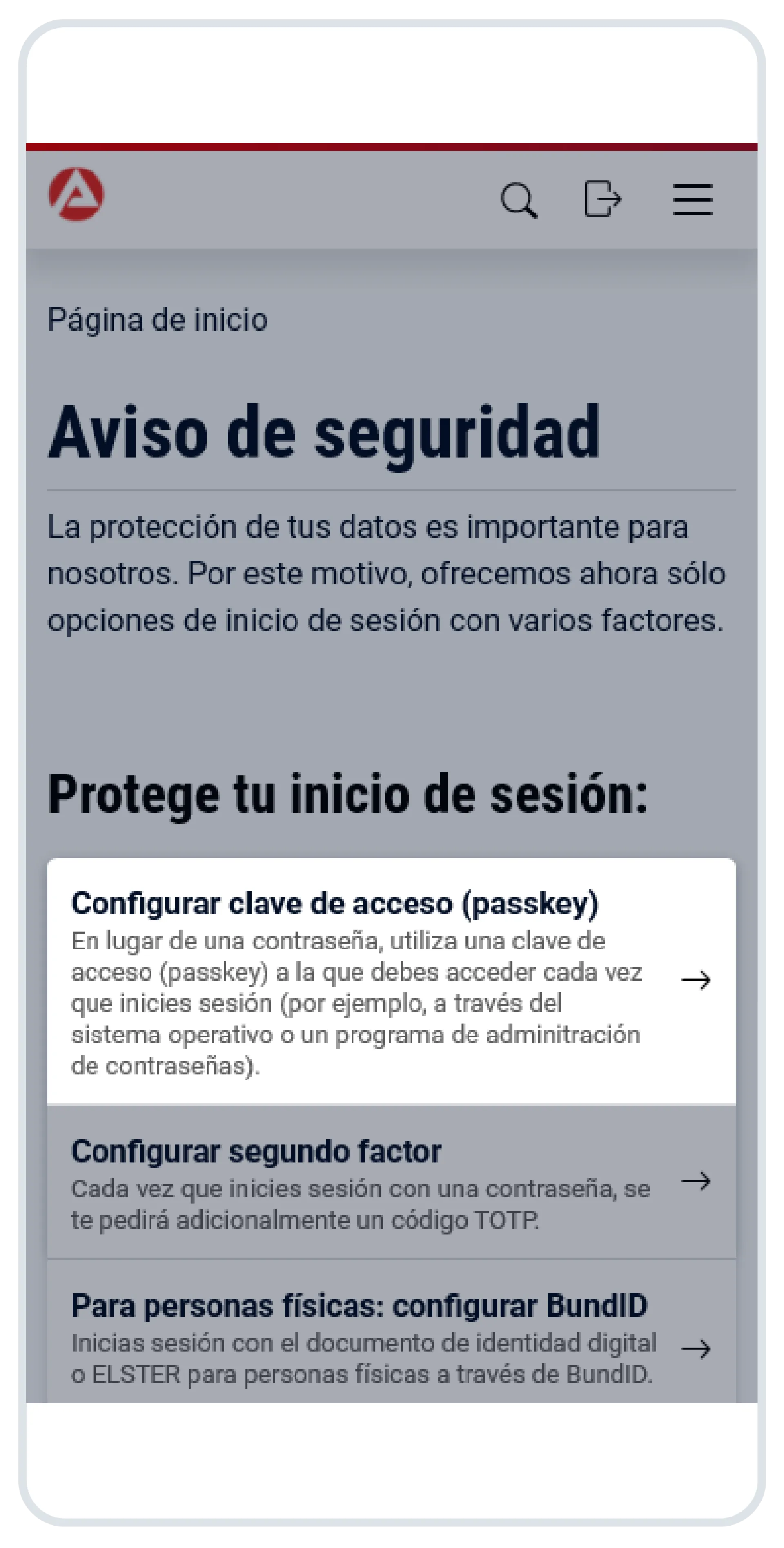 Captura de pantalla: La configuración de la cuenta. Se ha resaltado el punto «Configuar clave de acceso (passkey)».