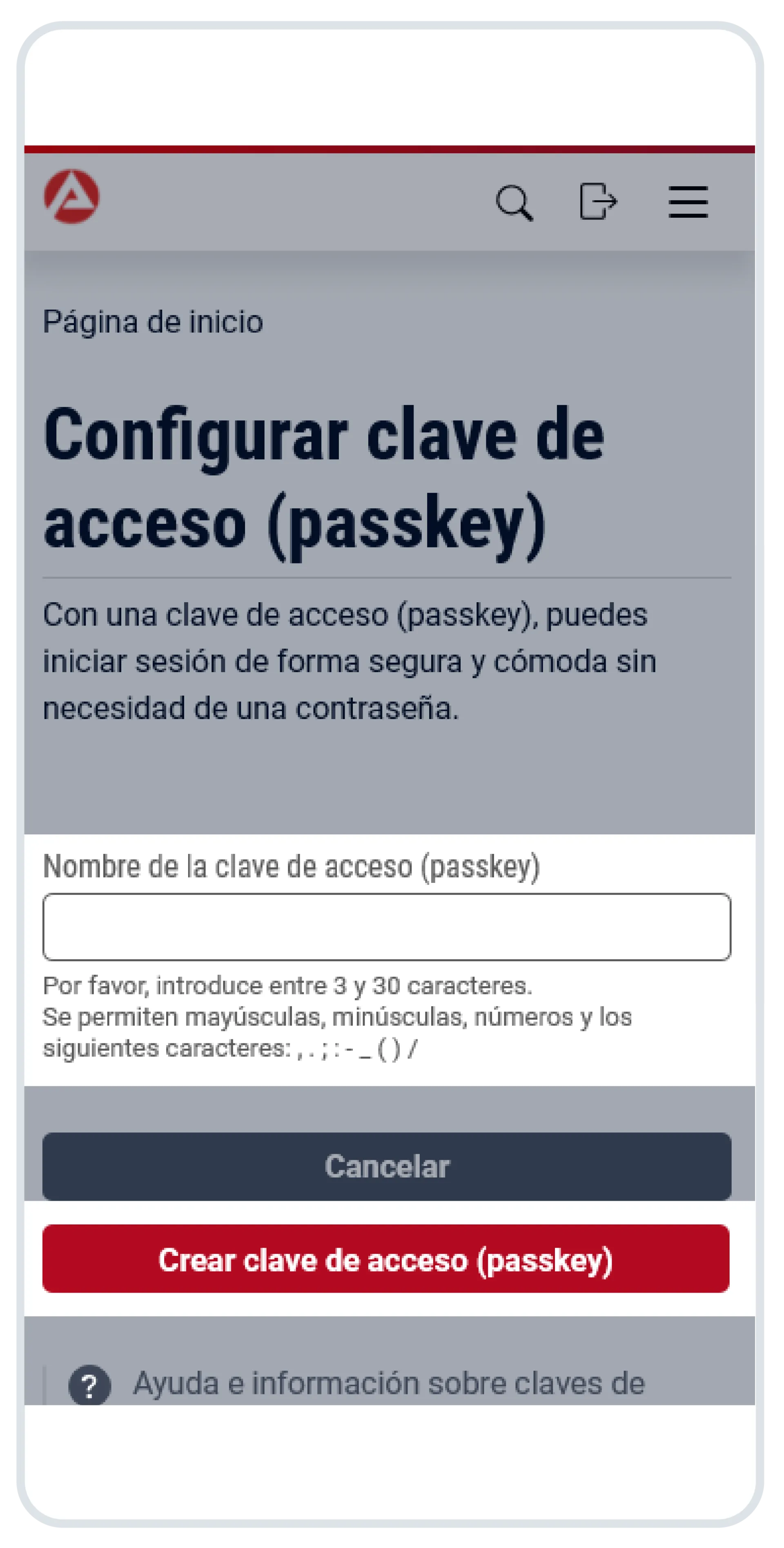 Captura de pantalla: Configuración de Passkey
