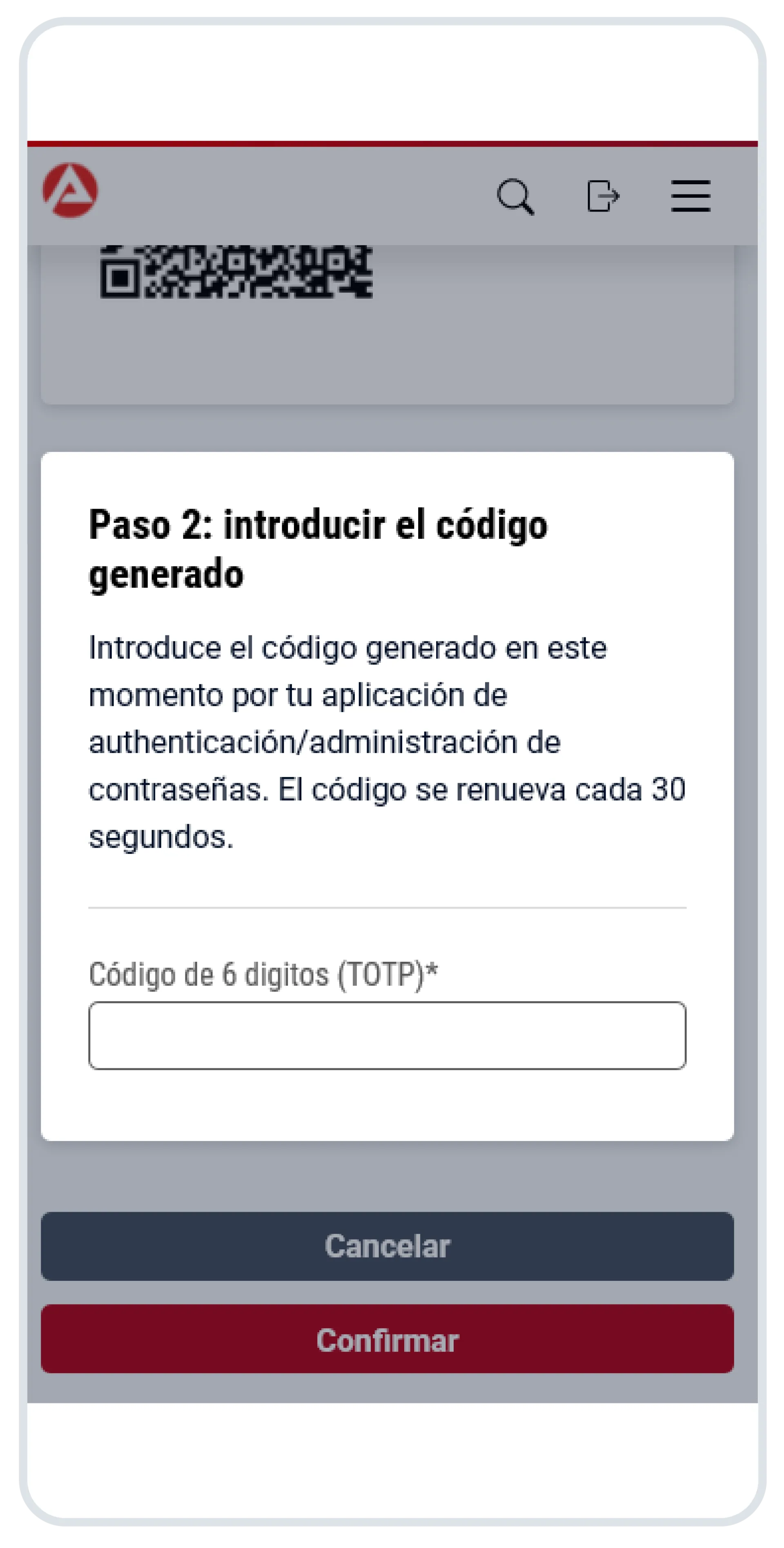 Captura de pantalla: Paso 2: introducir el código TOTP generado