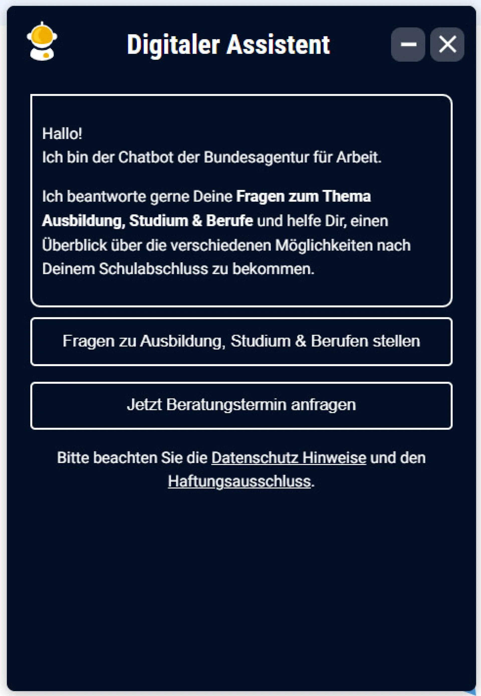 Screenshot Chatbot ausgeklappt