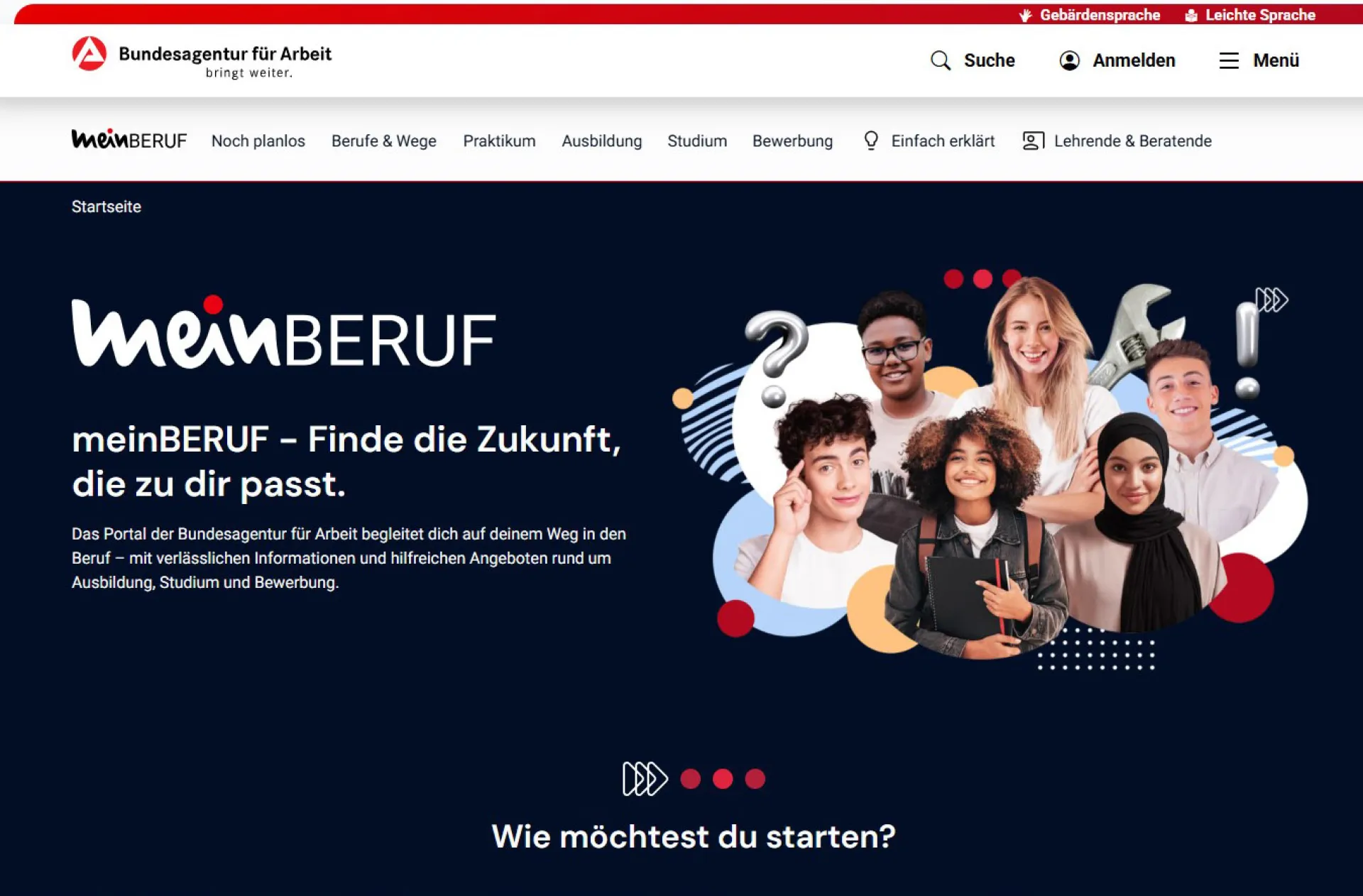 Screenshot der Startseite von meinberuf