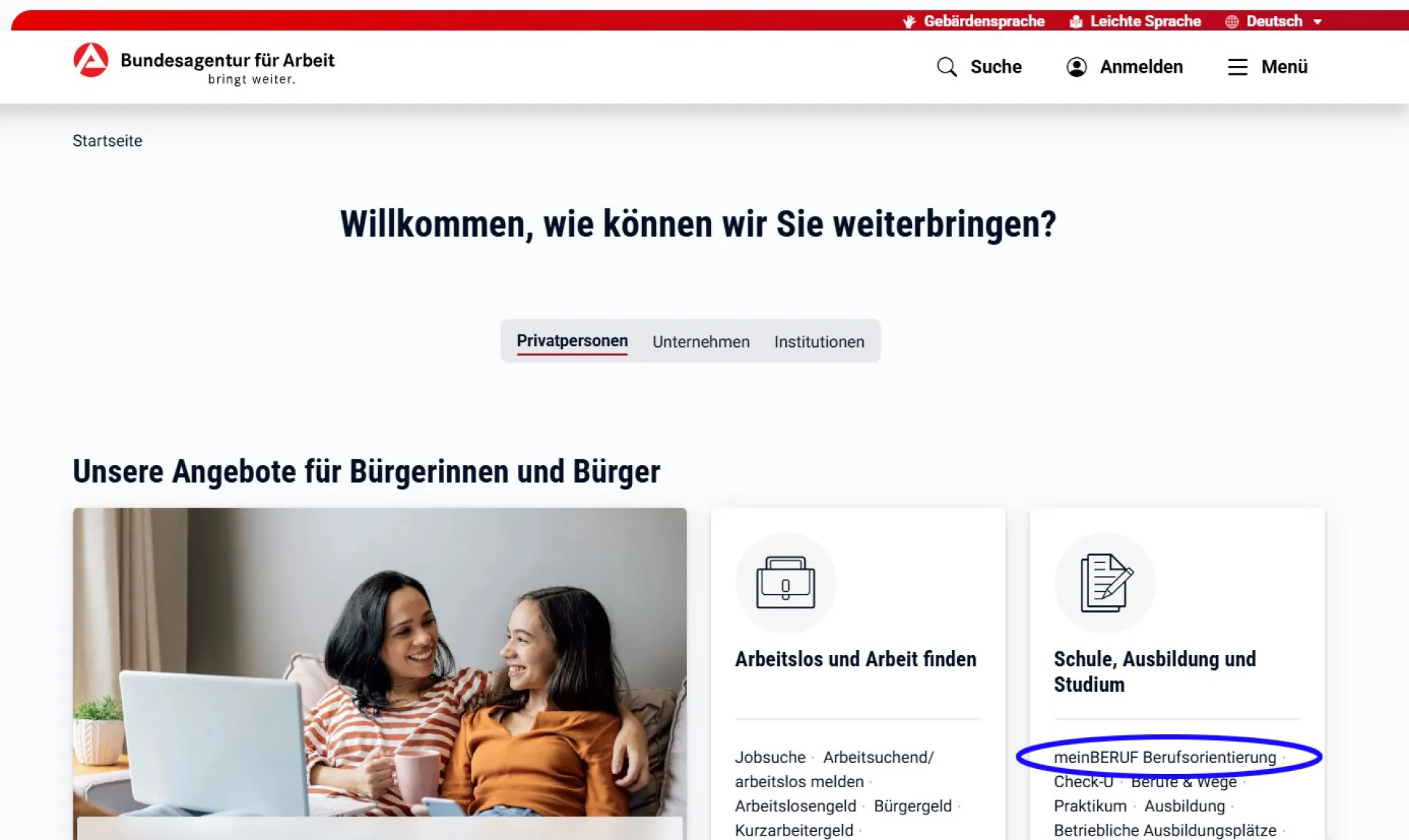 Screenshot von der BA-Startseite mit markiertem Link zu meinberuf