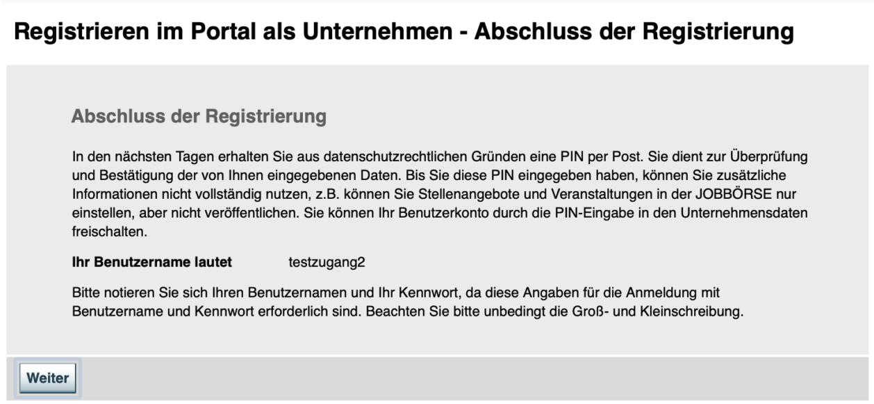 Screenshot Abschluss Registrierung Jobbörse Schritt 7