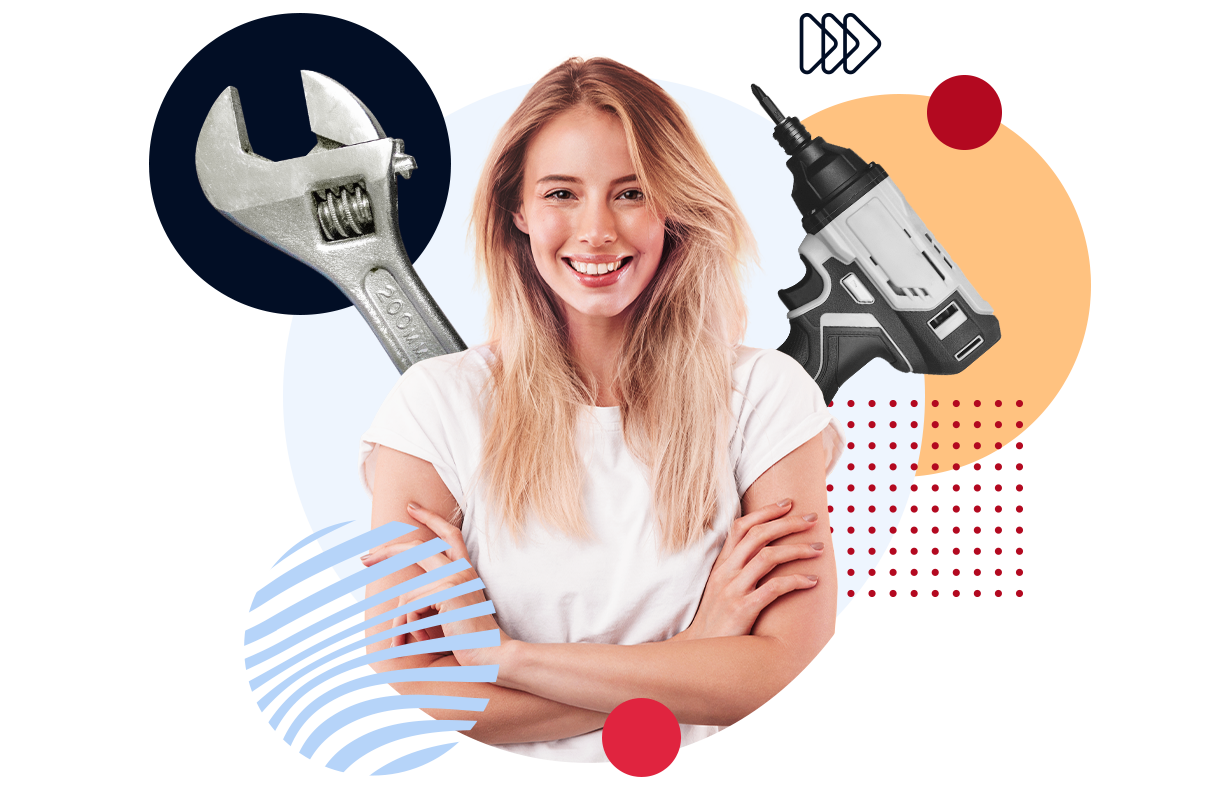 Collage einer Jugendlichen umgeben von Werkzeugen