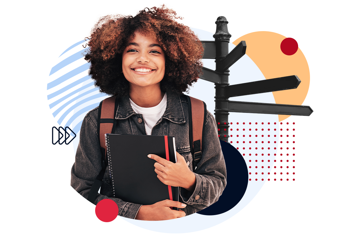 Collage einer Jugendlichen mit Block in der Hand vor einem Wegweiser