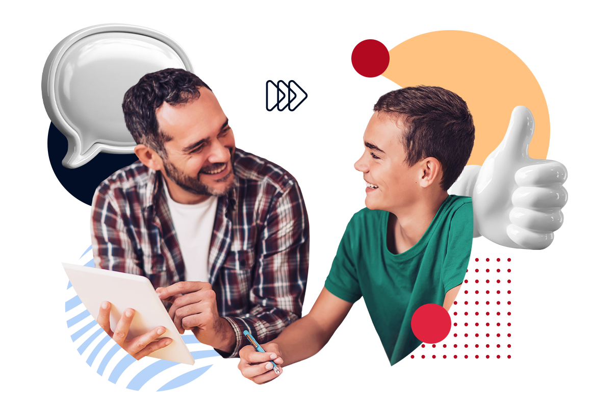 Collage eines Mannes mit Tablet in der Hand, der einem Jugendlichen freundlich etwas erklärt