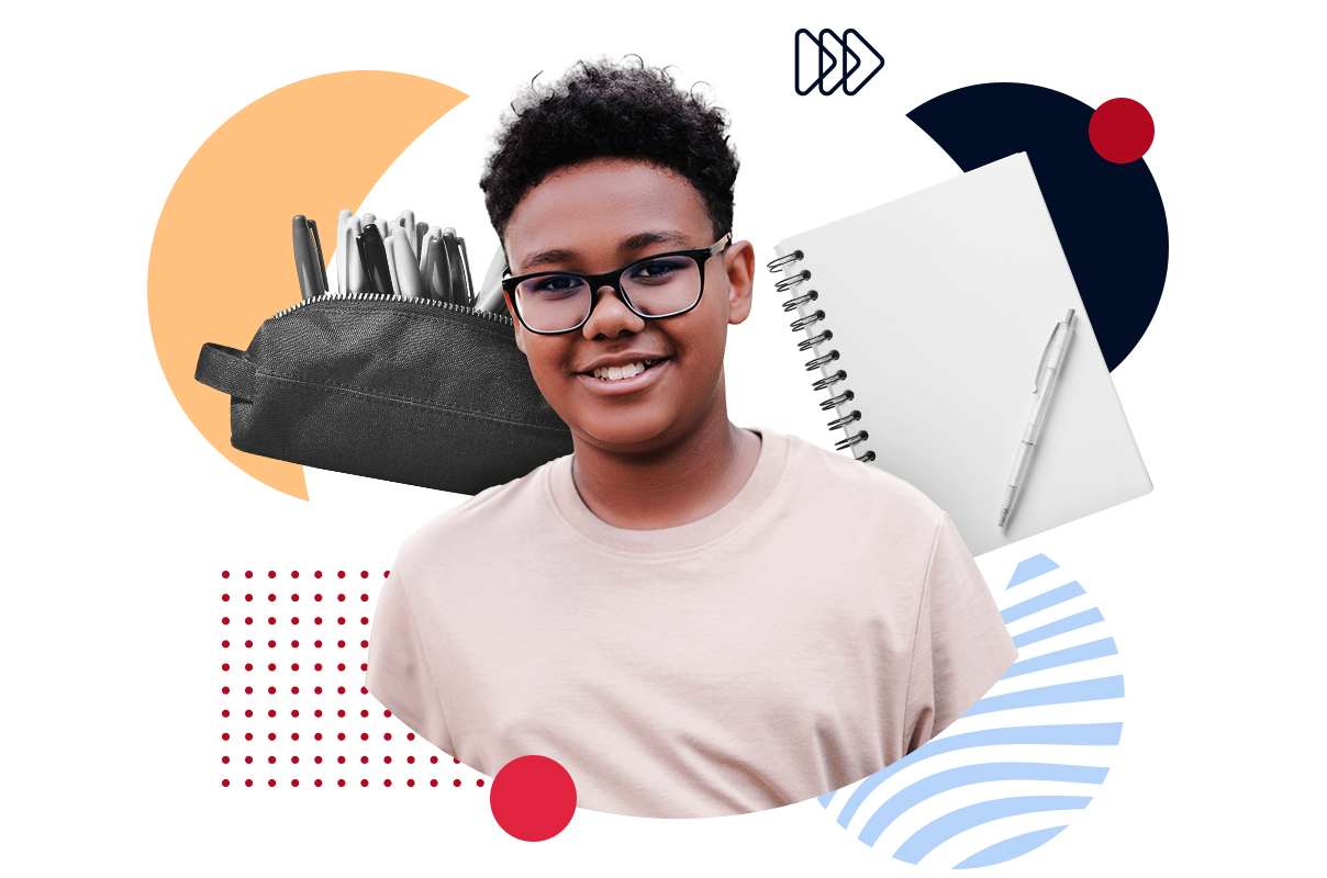 Collage eines Jugendlichen vor einem Mäppchen und einem Block mit Stift