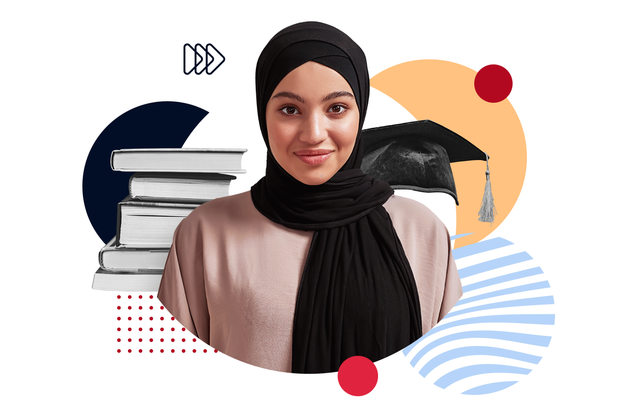Collage einer Jugendlichen mit Hijab vor Büchern und einem Abschlusshut