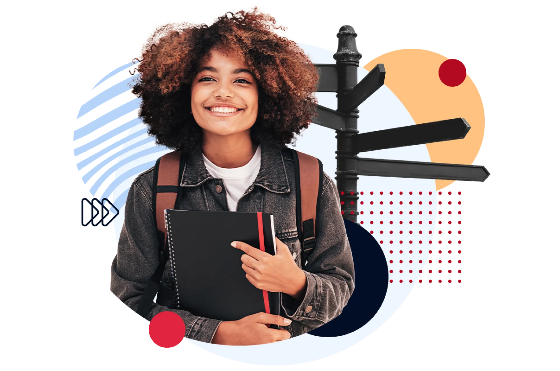 Collage einer Jugendlichen mit Block in der Hand vor einem Wegweiser