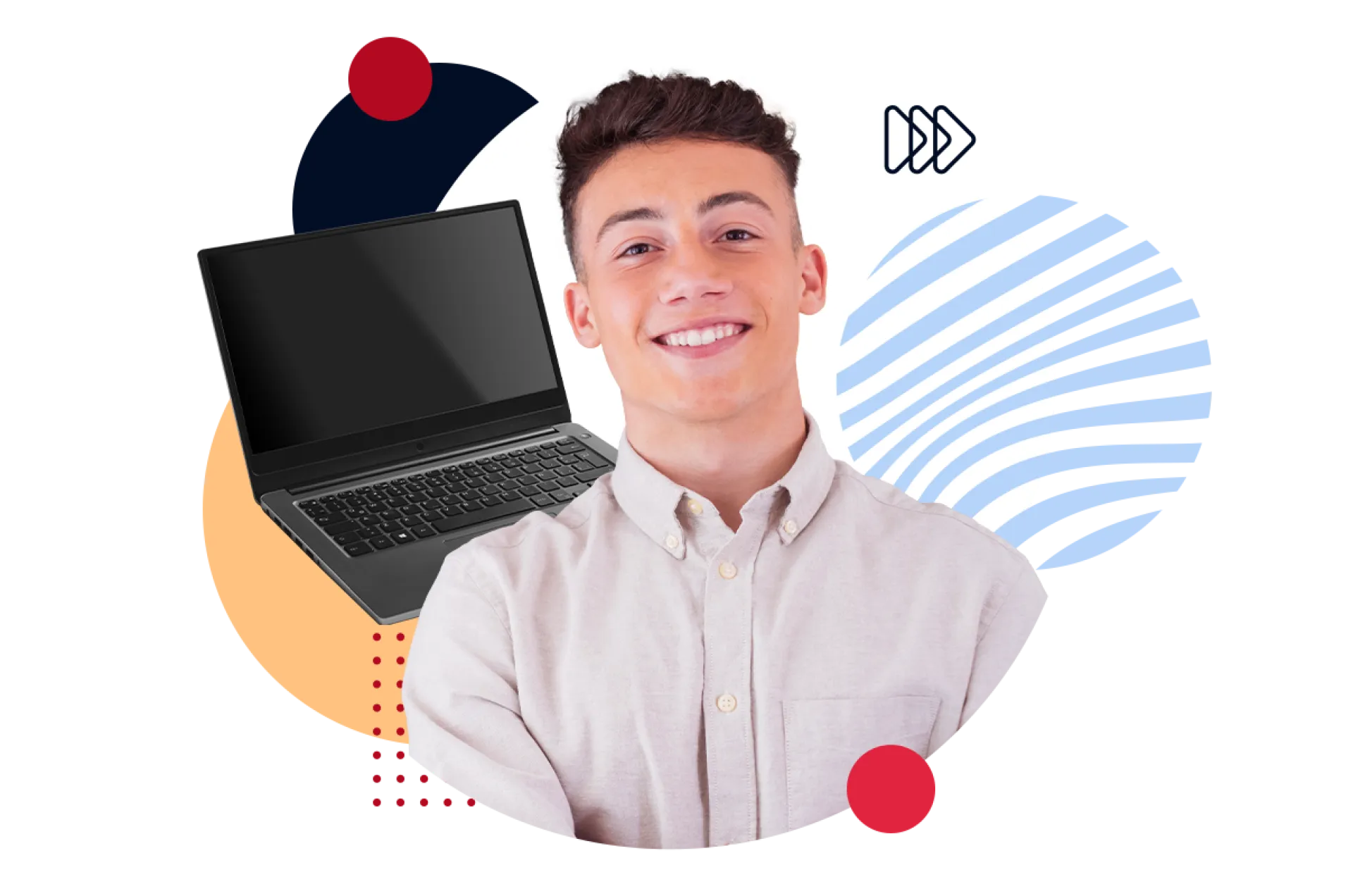 Collage eines Jugendlichen vor einem Laptop