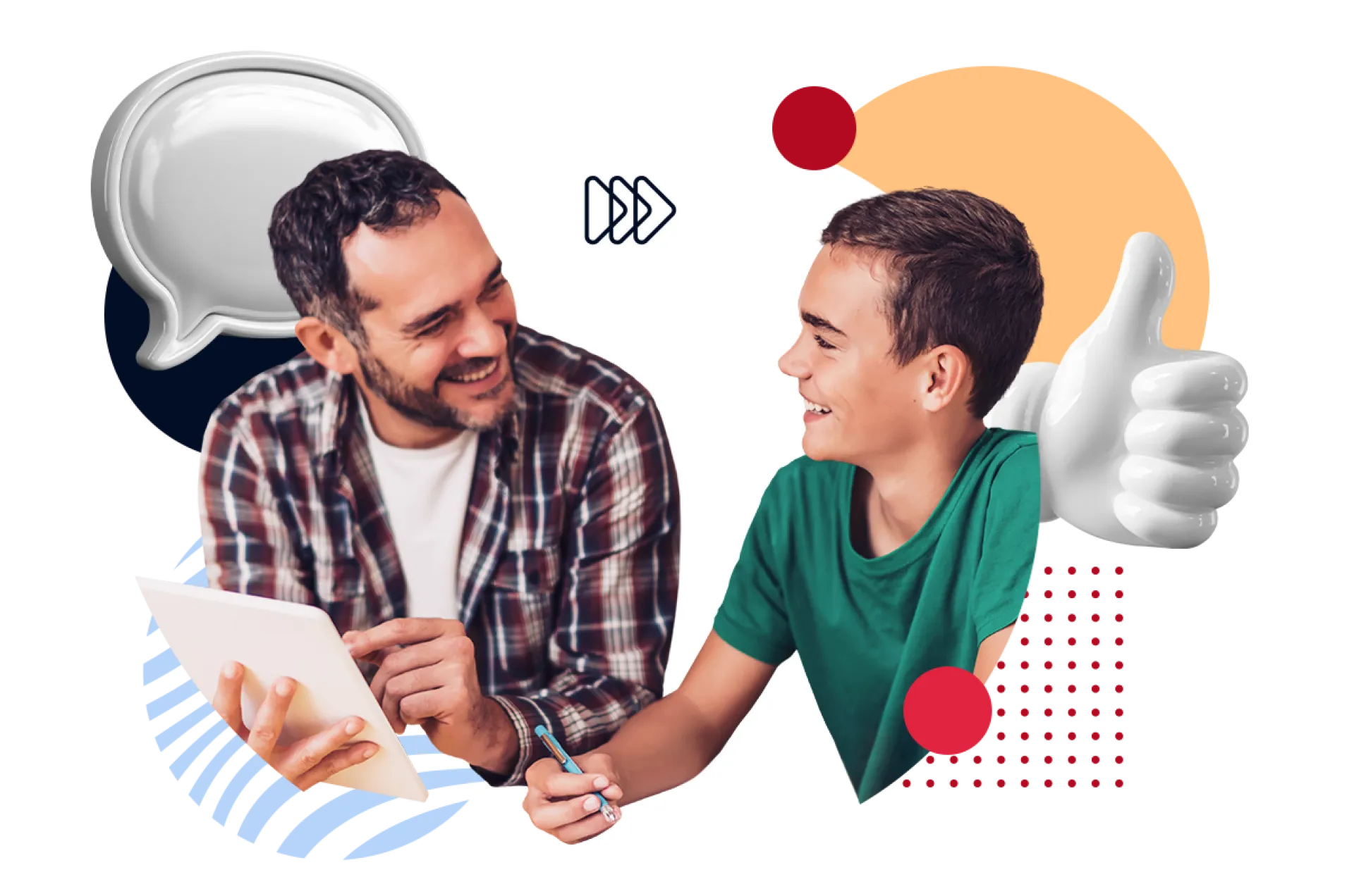 Collage eines Mannes mit Tablet in der Hand, der einem Jugendlichen freundlich etwas erklärt