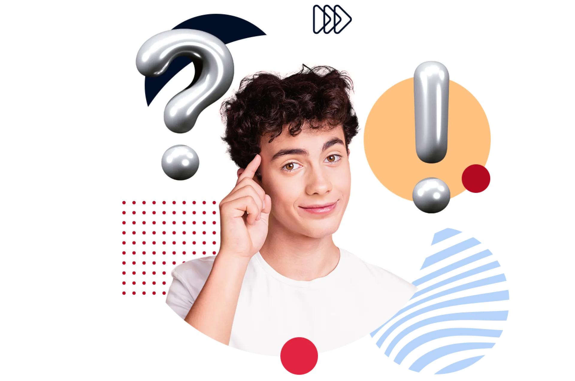 Kollage eines Jugendlichen der sich mit dem Finger an den Kopf zeigt umgeben von Frage- und Ausrufezeichen