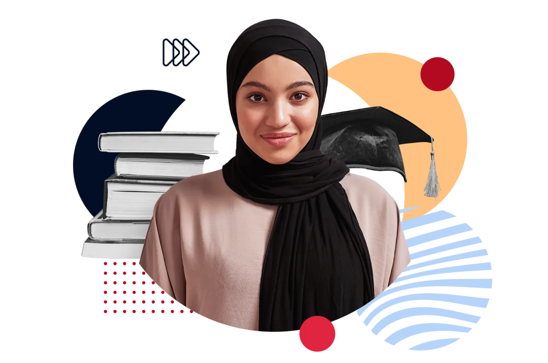 Collage einer Jugendlichen mit Hijab vor Büchern und einem Abschlusshut
