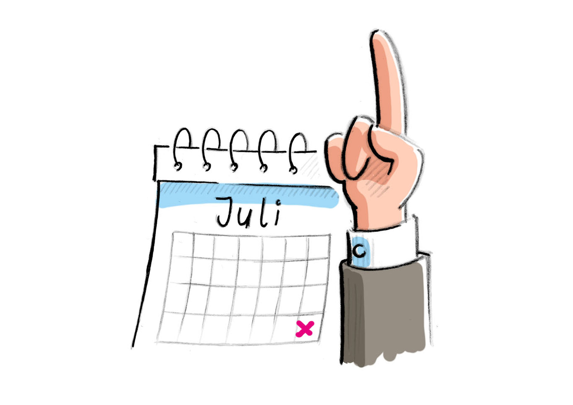 Bild: Monatskalender, letzter Tag im Juli markiert; Hand mit erhobenem Zeigefinger
