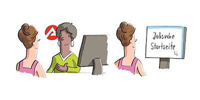Bild: zwei Frauen unterhalten sich vor einem Bildschirm, im Hintergrund BA-Logo; eine Frau sitzt vor dem Bildschirm