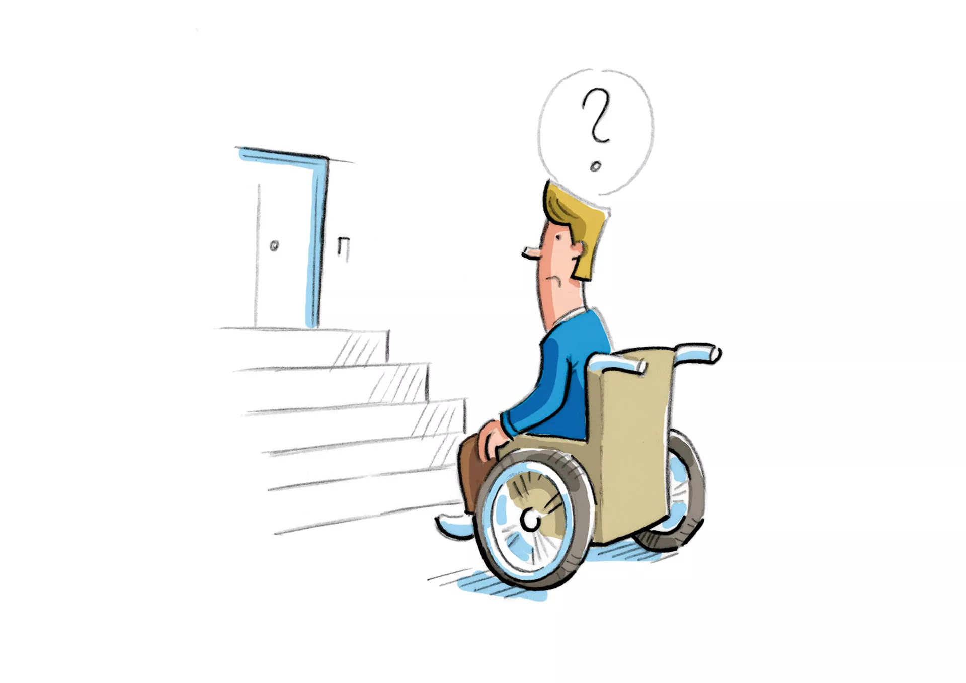 Bild: Mann im Rollstuhl steht vor einer Treppe
