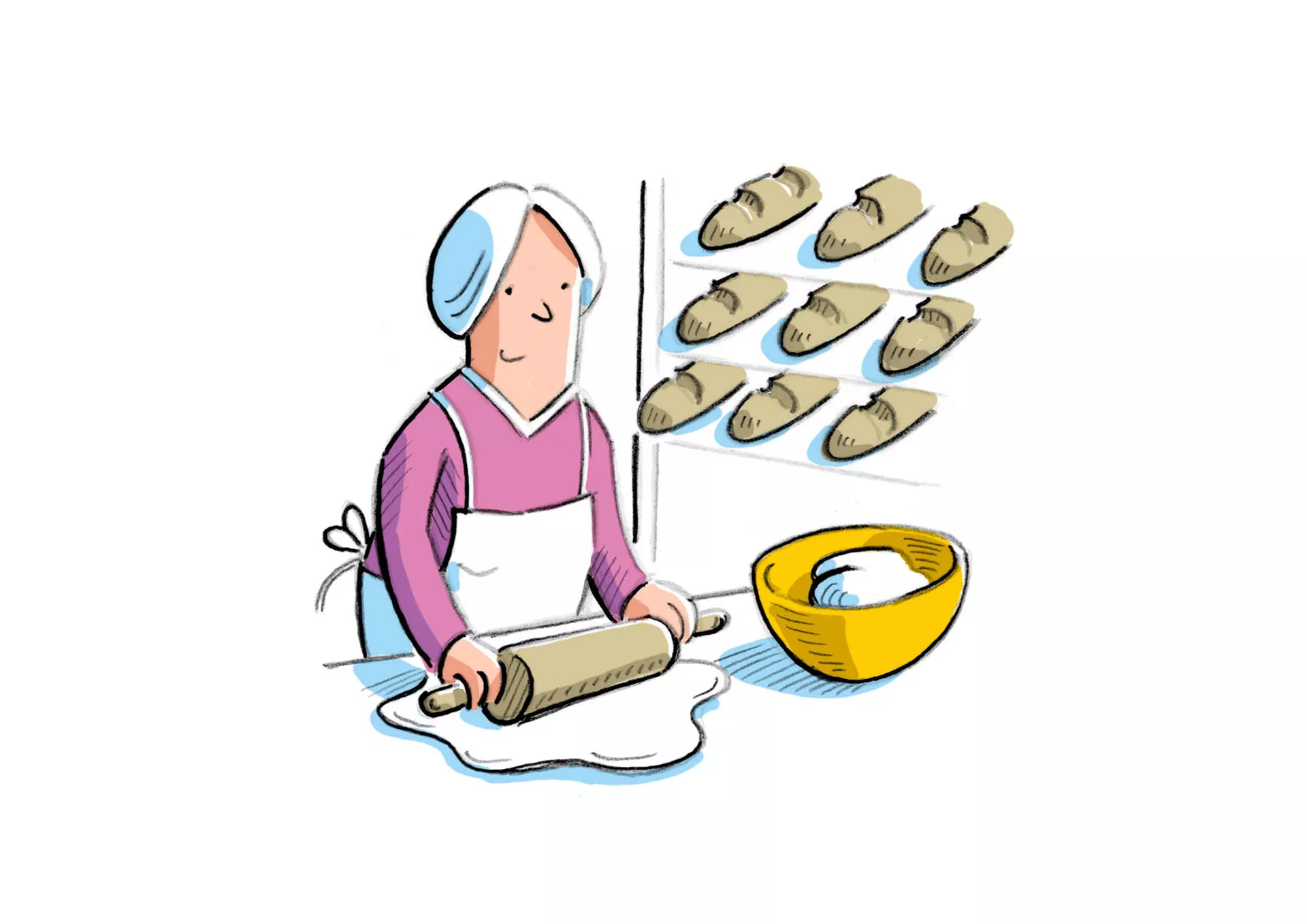 Bild: Eine Frau rollt den Teig für Brote aus; im Hintergrund mehrere Brote im Regal