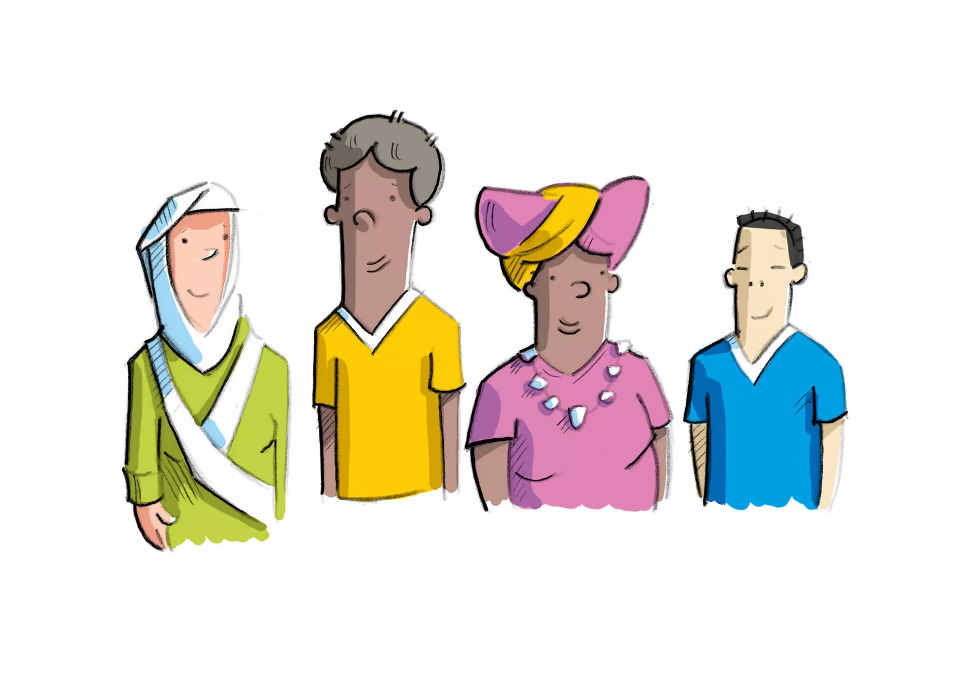 Bild: Vier unterschiedliche Menschen mit verschiedenen Hautfarben und unterschiedlich gekleidet