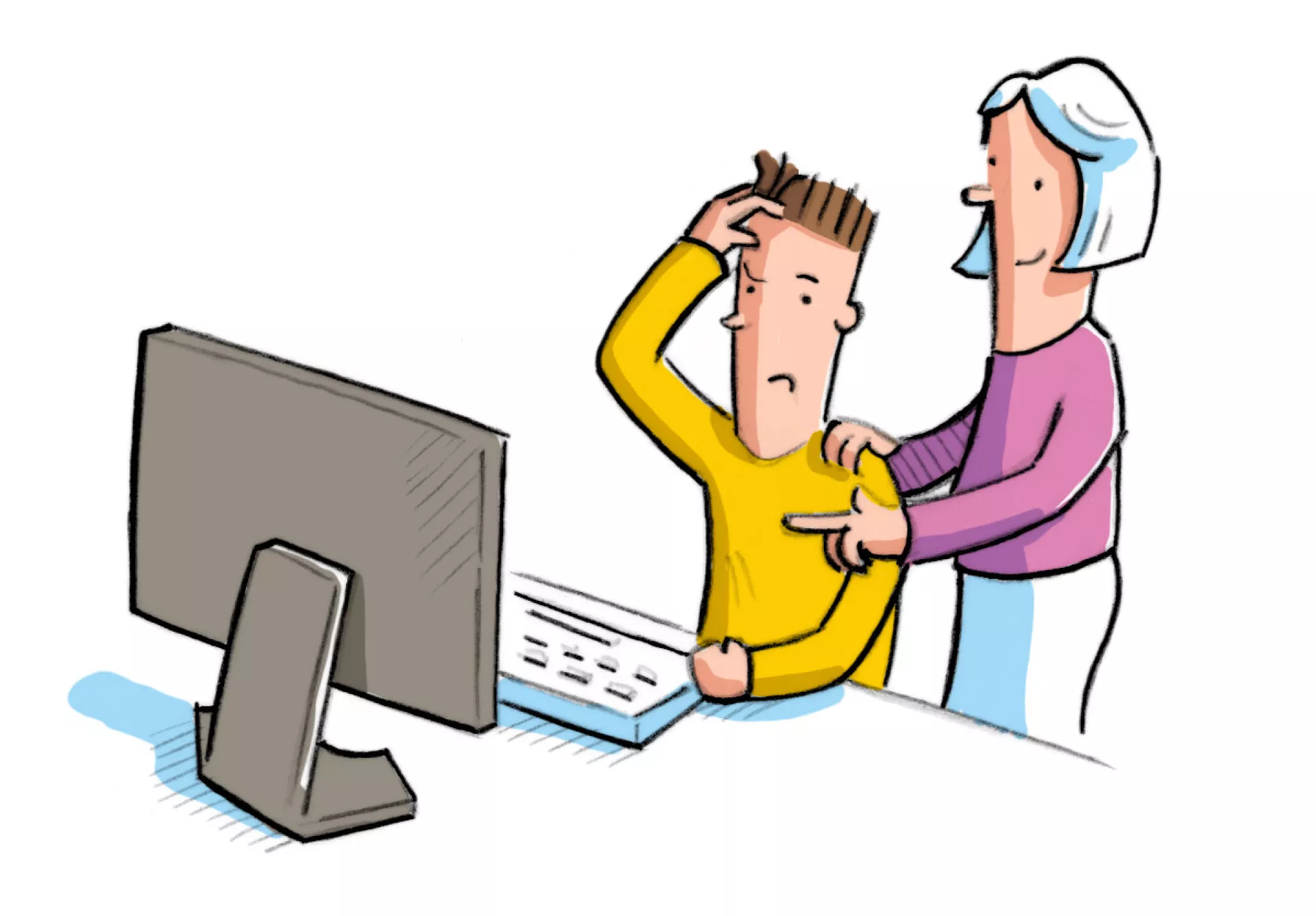 Bild von einer Frau die einem Mann am Computer hilft