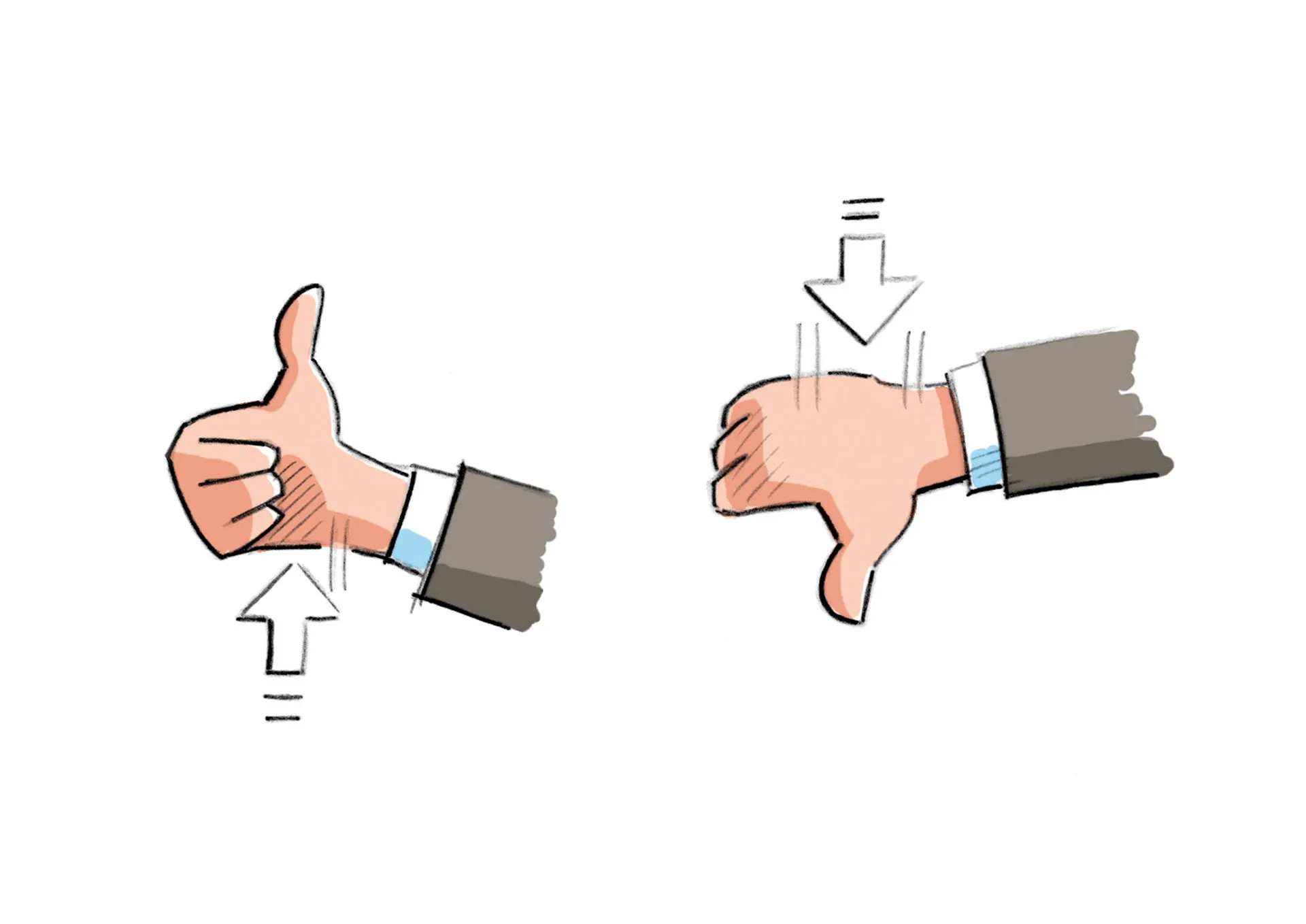 Bild von einer Hand mit Daumen nach oben und einer Hand mit Daumen nach unten.