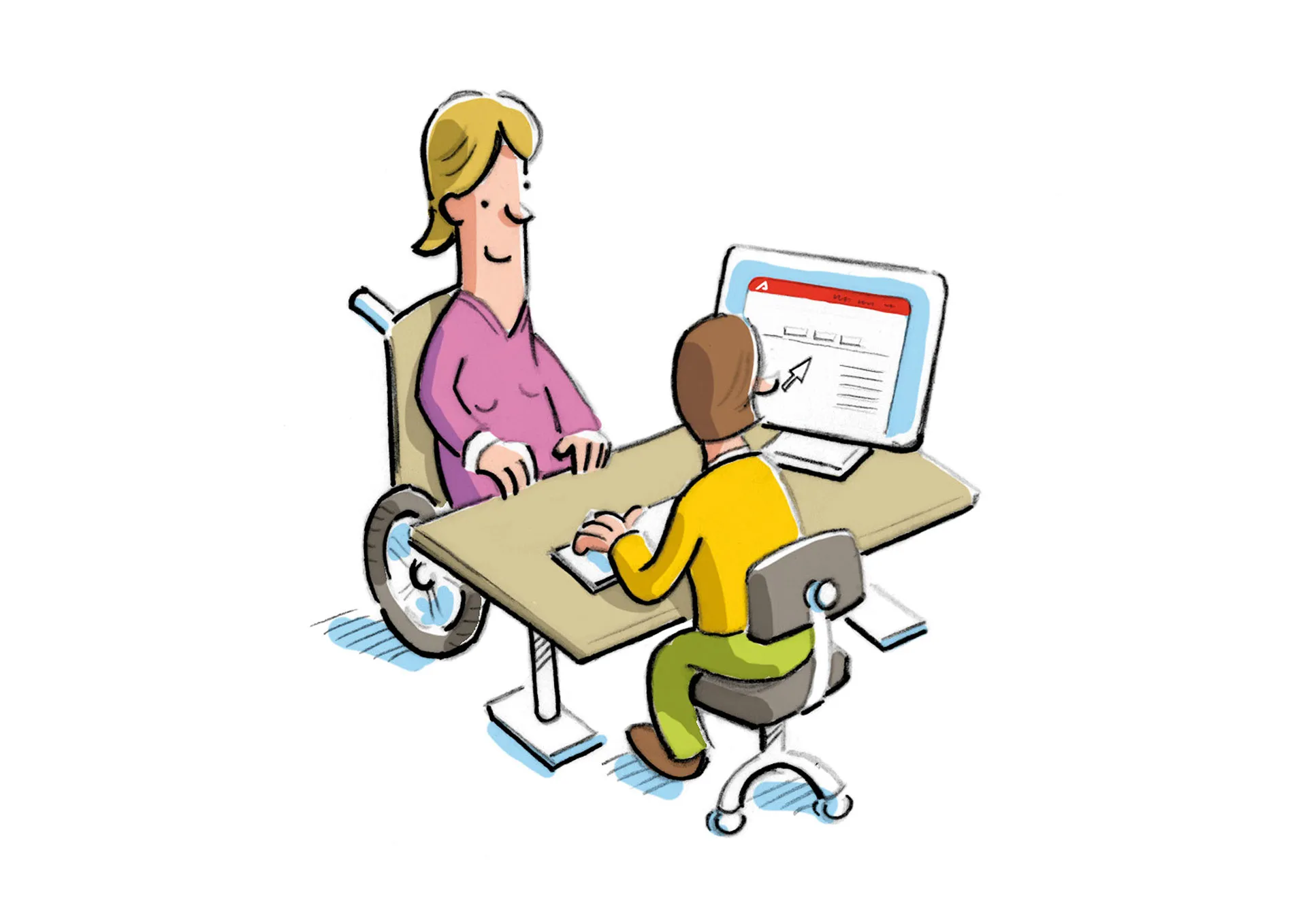 Bild: Ein Mann im Büro spricht mit einer Frau im Rollstuhl