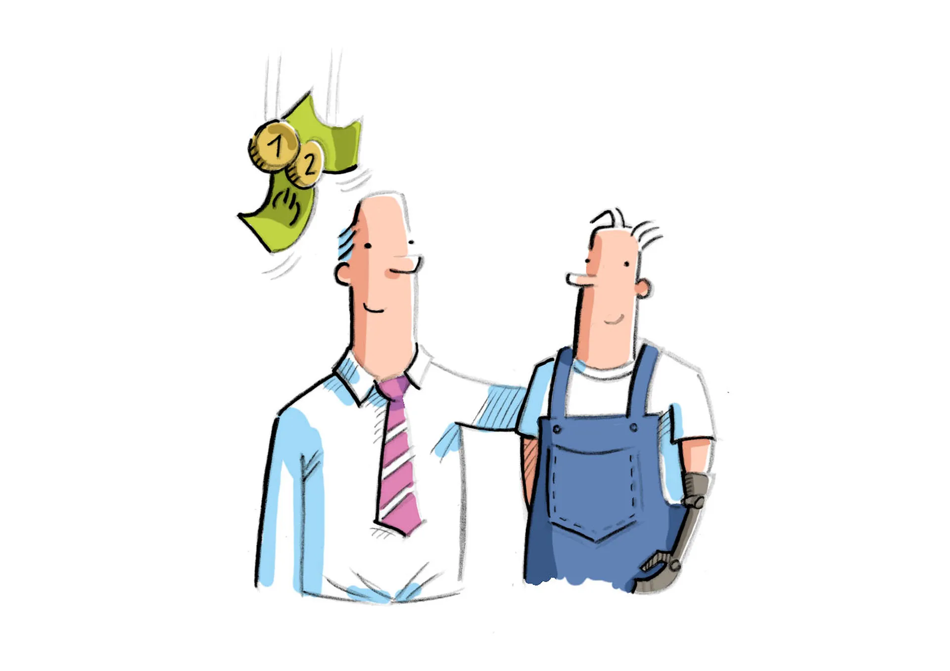 Bild: Mann im Anzug und Arbeiter und Geldscheine