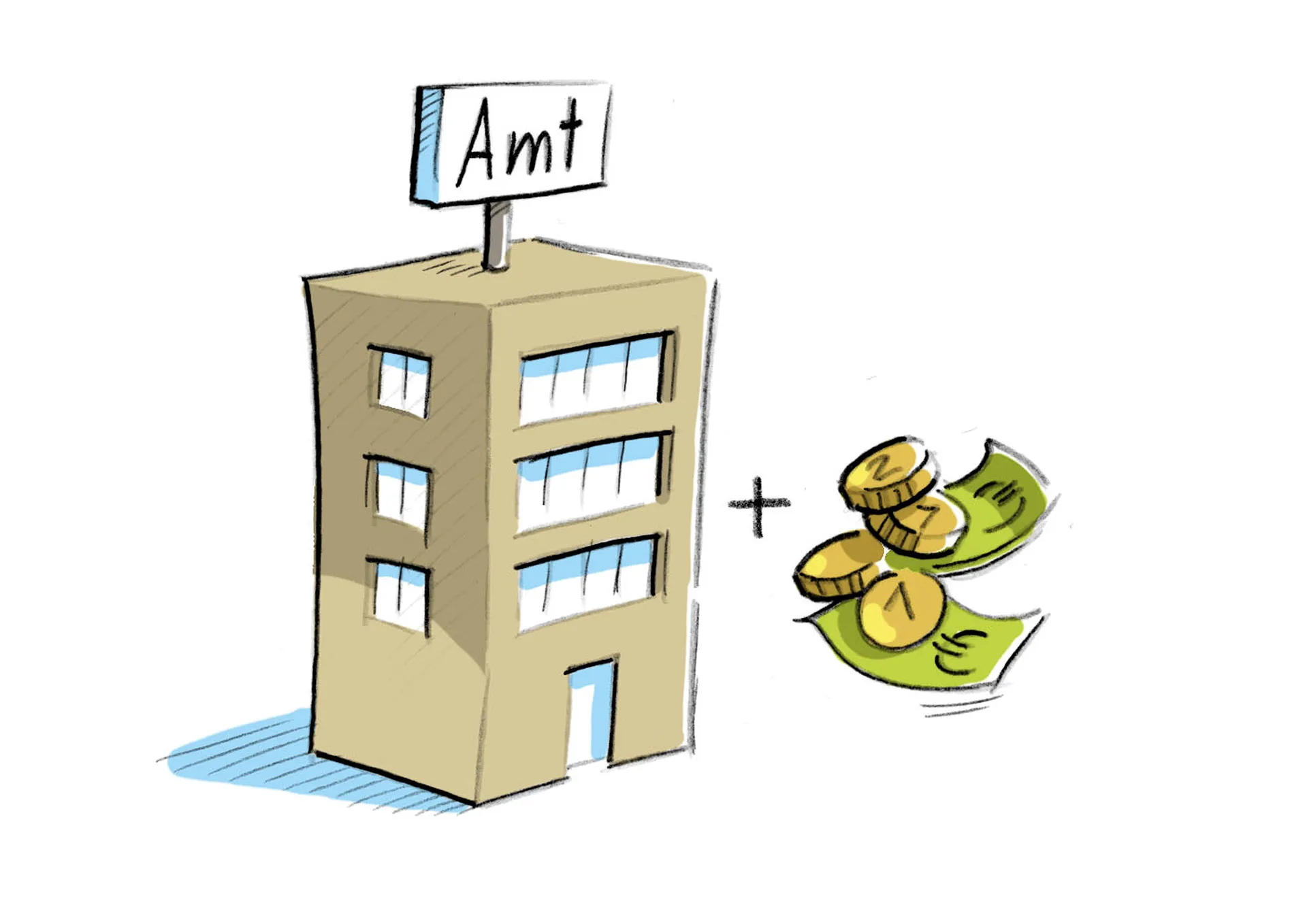 Bild: Amts-Gebäude und Geldscheine und Münzen