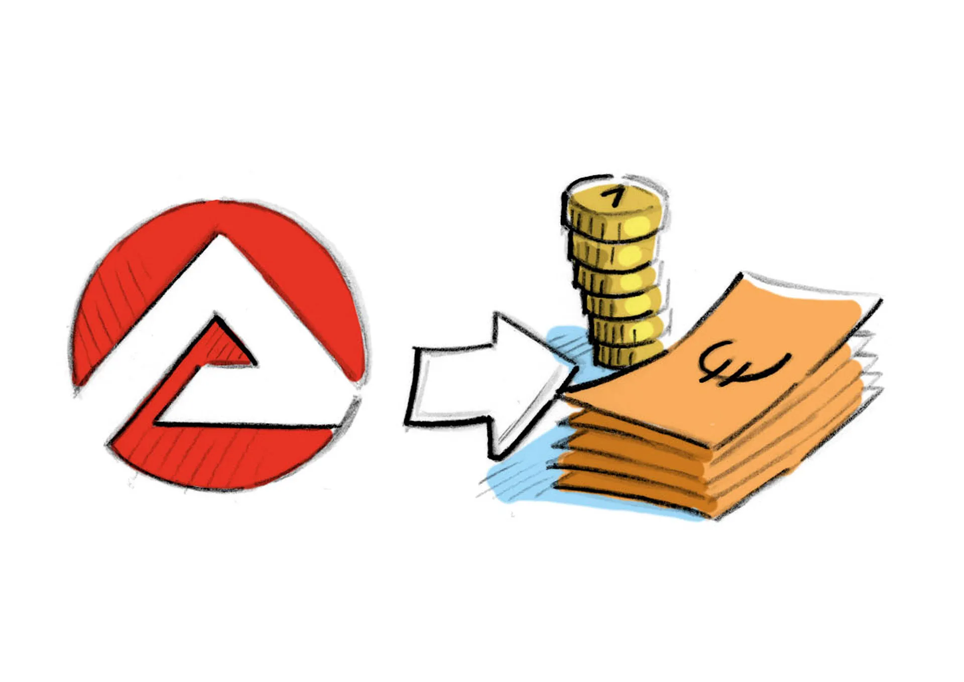 Bild: Logo der Bundesagentur für Arbeit und Geld-Scheine und Münzen