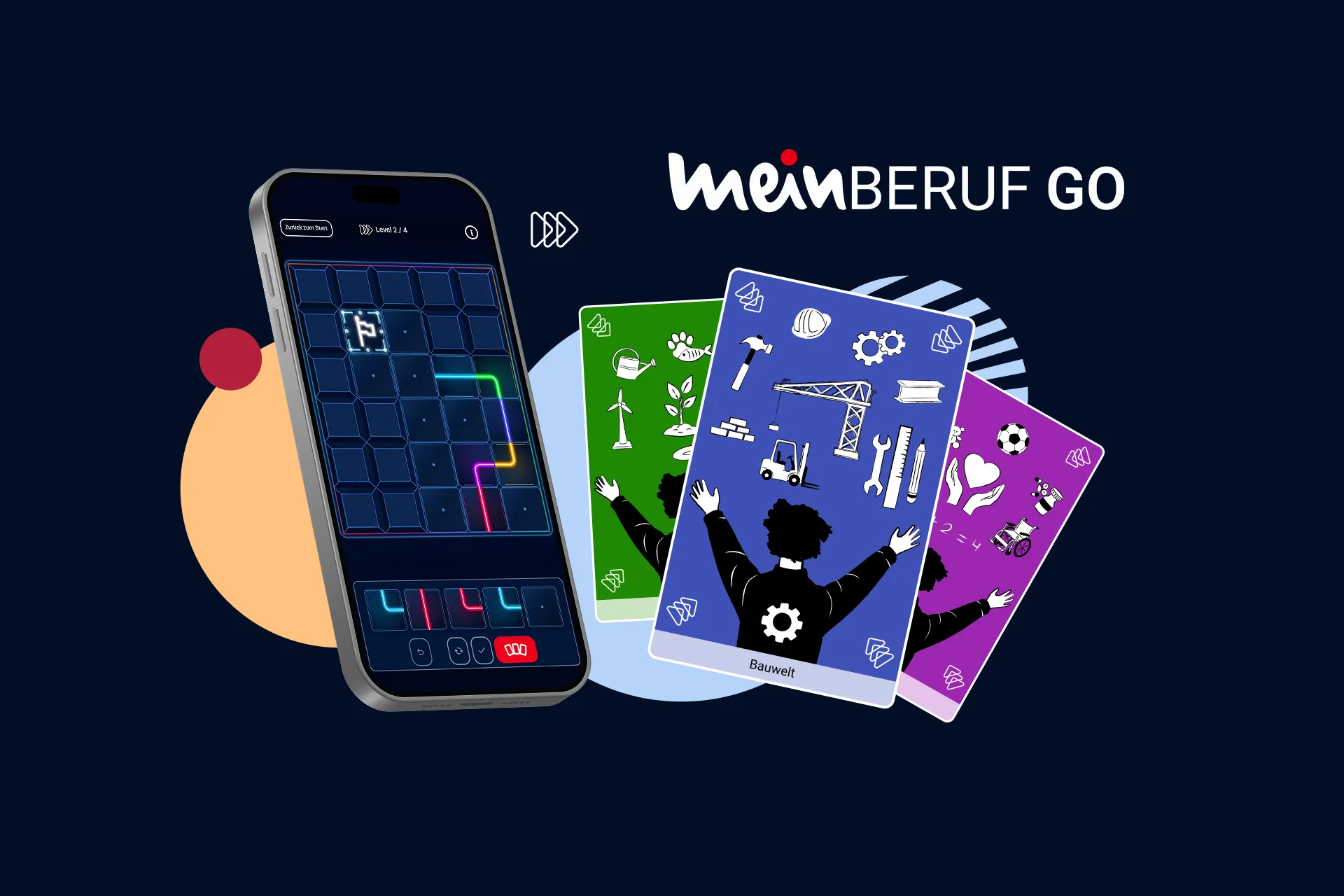 Kernelemente von meinBeruf Go: ein Handyscreen mit Spielbrett und drei Spielkarten zu verschiedenen Berufswelten.