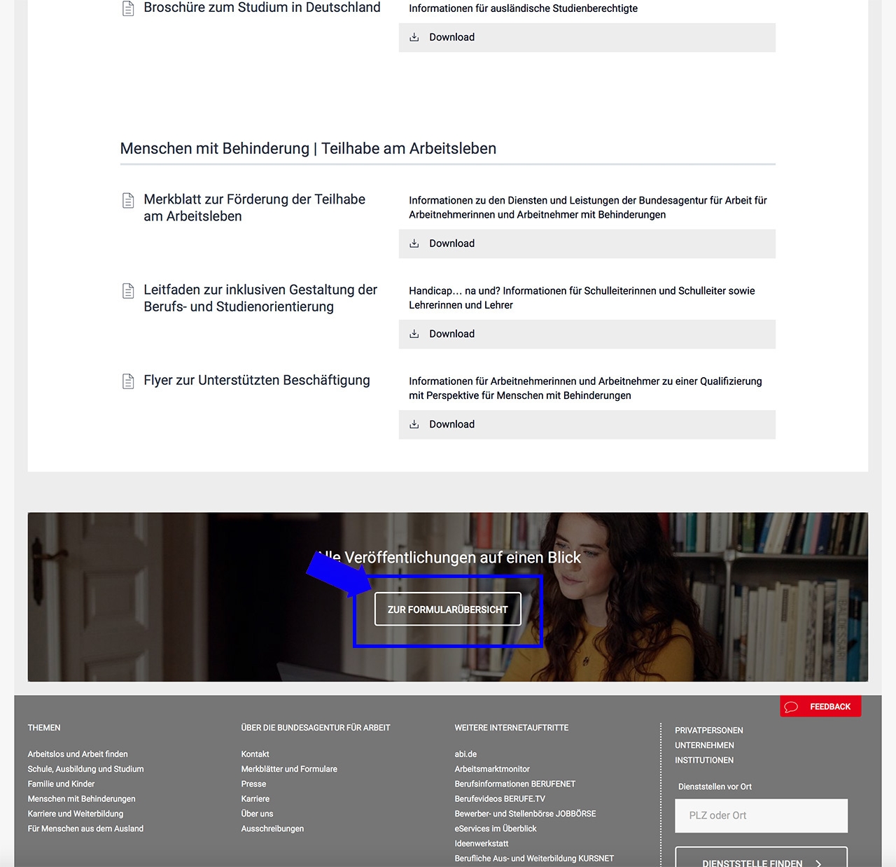 Screenshot Downloadcenter Merkblätter und Formulare - Zur Formularübersicht 