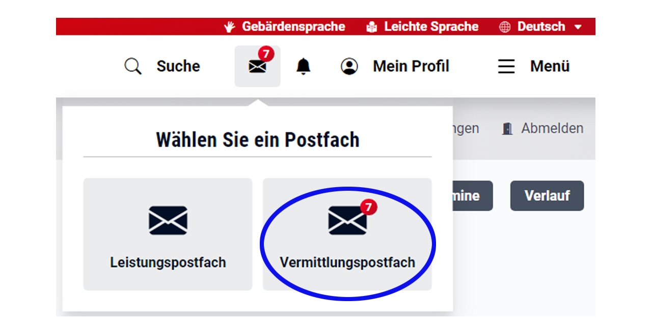 Screenshot Vermittlungs-Post-Fach (Leichte Sprache)