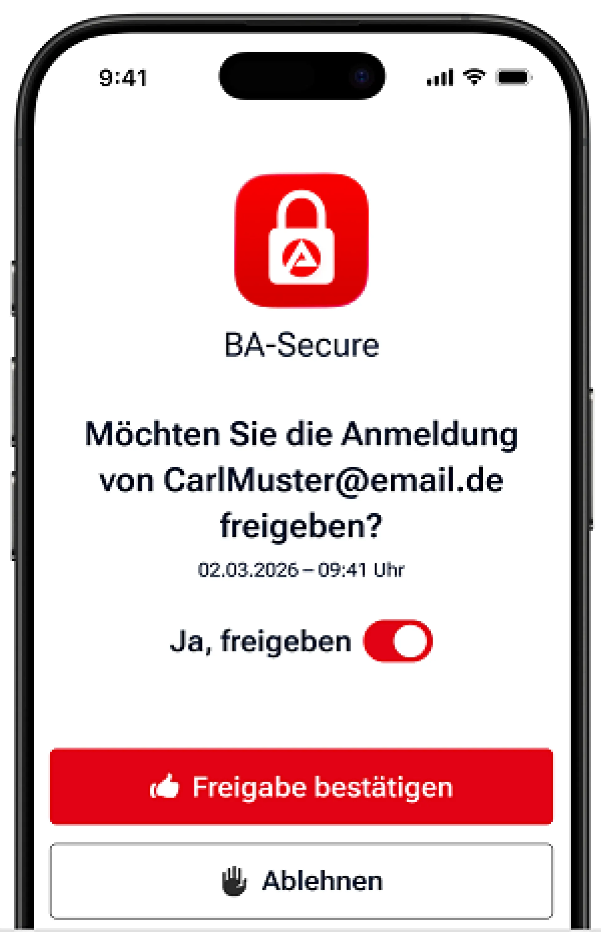Darstellung eines Screens der BA-Secure App. Freigabebildschirm.